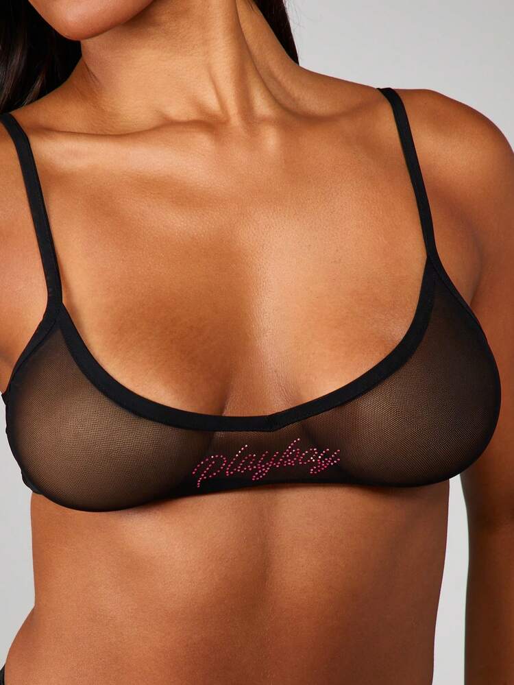 Missguided x Playboy Mesh Bralette With Rhinestone Hotfix Graphic Detail Sheer Cup Design Adjustable Straps Lingerie Top