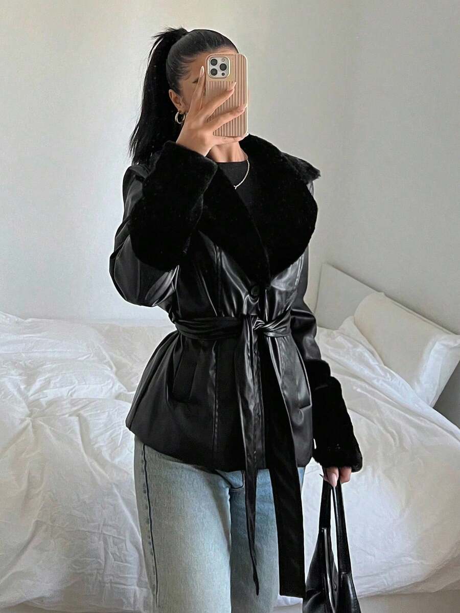 SHEIN EZwear Áo khoác PU chắp vá tay dài màu trơn có dây rút cho mùa thu/đông - màu đen - Xem 1