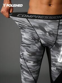 Manfinity Sport Polished 男士字母腰带迷彩印花运动压缩裤 - 黑色 - 查看 4