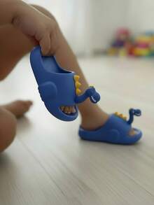 Sandalias infantiles EVA diseño dinosaurio cabeza tridimensional punta redonda sin agujetas estilo divertido verano casa playa pantuflas - Azul Marino - Ver 1