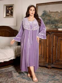 PalaceNights Ensemble de robe de chambre et chemise de nuit en velours de style palais vintage avec patchwork et broderie florale, grande taille, automne/hiver - Prune - Voir 5