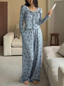 DAZY Lace Patchwork Bow Print Ruched Wavy Hem Top & Pants Pajama Set, Sweet, Fall & Winter Clothes - Blue - View 4