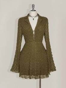 SHEIN ICON Plus Size Black Shirt Collar Bell Sleeve Knit Dress, Punk, Music Festival Outfit - Army Green - View 6