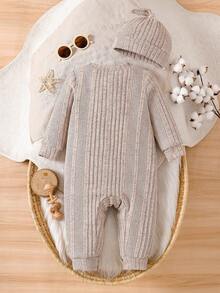 SHEIN 2件套男婴休闲罗纹连体衣和帽子套装 - 灰色 - 查看 2