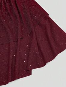 Sweetra Plus Size Metallic Foil Bandeau Double Ruffle Hem Waist Cinched Party Dress - Red - View 5