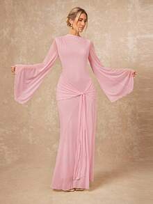 Lumalex Women's Loose Sheer Dress With Tie-Up Sash And Flowy Sleeves - Baby Pink - View 3