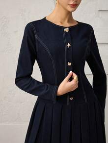 Heiryn New Elegant Cinched Waist Pleated Asymmetric Button Denim Effect Print Dress - Navy Blue - View 3