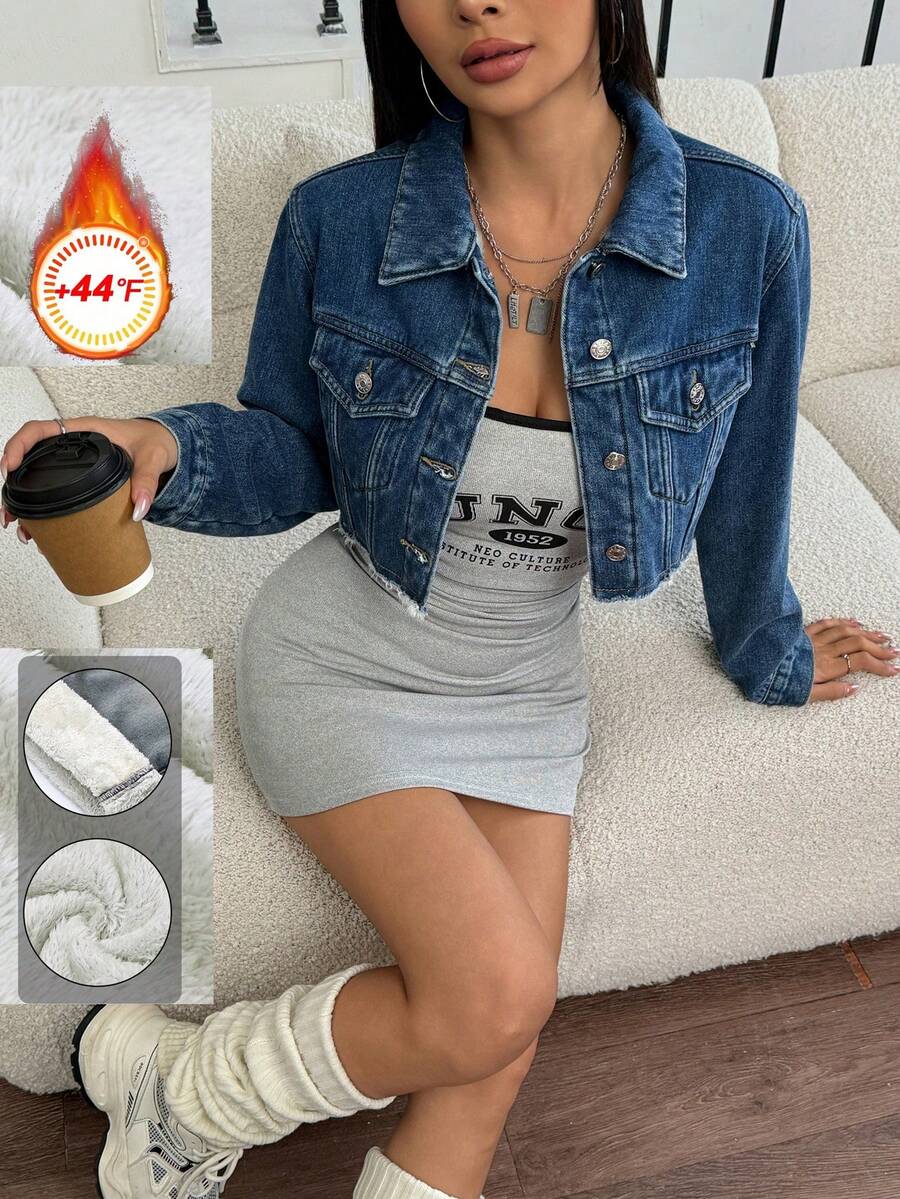 SHEIN EZwear 休闲水洗磨边短款牛仔夹克，秋季 - 深色水洗藍 - 查看 1
