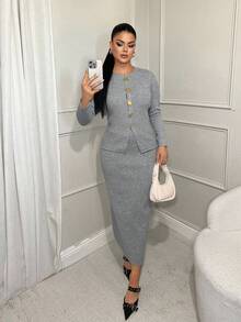 SHEIN SXY Nowy, retro, biznesowy, spersonalizowany, dopasowany do ciała, dwuczęściowy komplet: spódnica i sweter damski z metalowymi guzikami, wczesna jesień - Szary - Zobacz 5