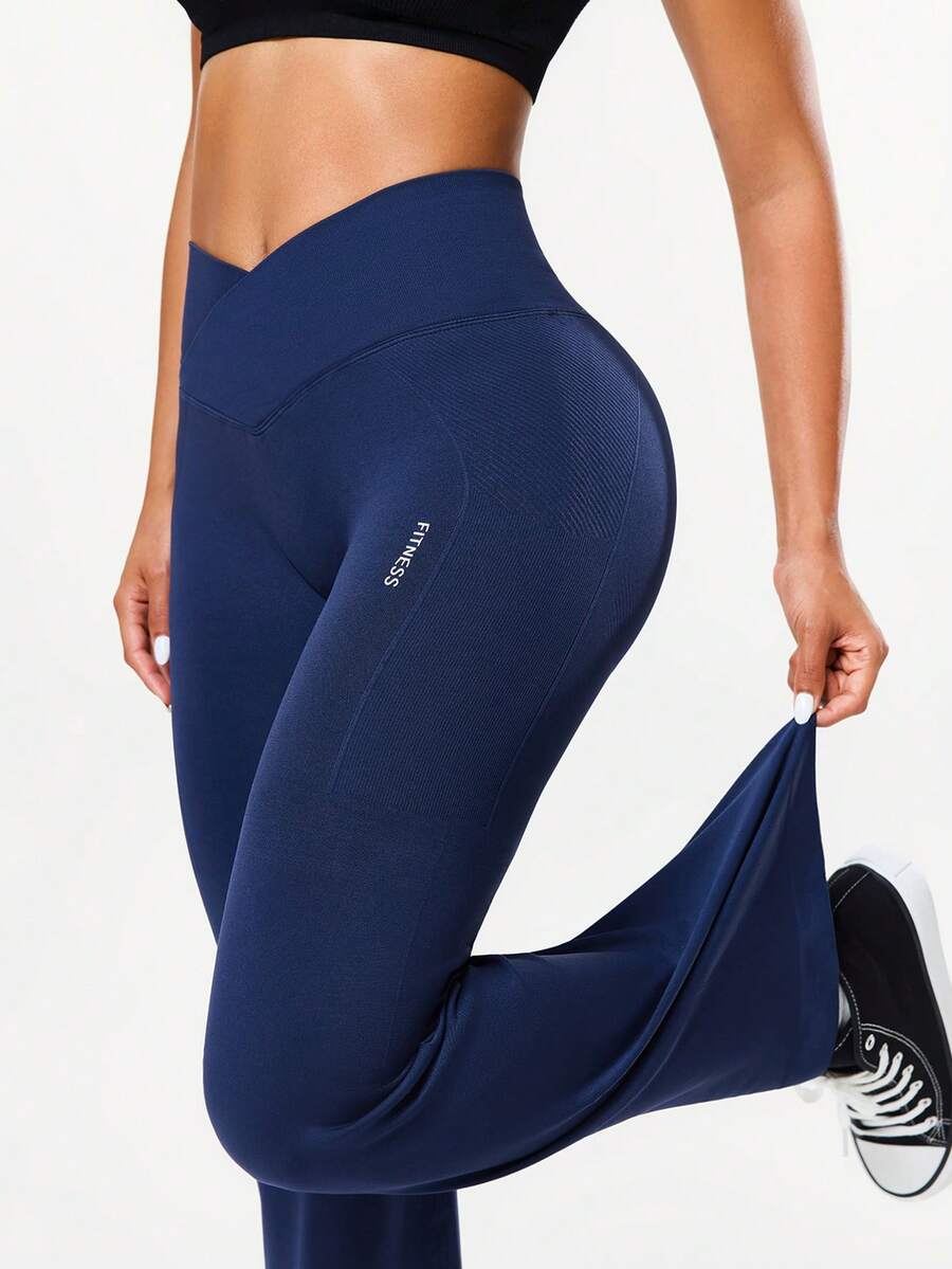 Seamluxe SHEIN Sport 1pc Seamless High Elasticity Women Yoga Casual Daily Fitness Sports Criss-Cross Waist Leggings Flare Yoga Pants Navy Yoga Leggings Flare Leggings - Navy Blue - View 1