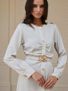 Chiquease Elegante vestido midi con volantes que ciñe la cintura y mangas largas, estilo de viaje, estética europea y estadounidense Ins - Beis - Ver 1
