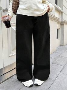 SHEIN ICON Winter Plus Size Women Black Distressed Denim Jeans, Fashionable - Black - View 7