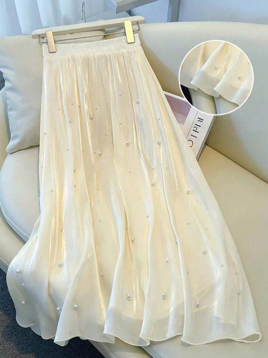 SHEIN Clasi 女士纯色仿珍珠装饰优雅通勤裙