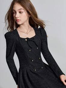 Ontre Tween Girl Black Chiffon Bow Gold Double-Breasted Pleated Dress - Black - View 7