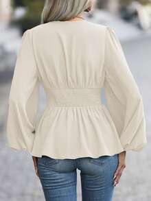 EMERY ROSE Áo sơ mi peplum đơn giản, cổ chữ V tay dài, xếp ly đơn giản, thường ngày - Màu be - Xem 2