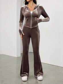 SHEIN Tall Set de 2 buc. pentru femei, top cu glugă și fermoar și pantaloni skinny de culoare solidă - Maro - Vizualizare 9