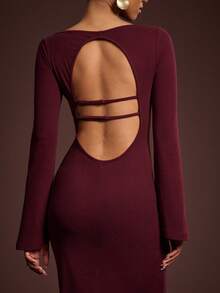 L'Amorae Soft Knit Flowy Adjustable Open Back Long Sleeve Maxi Dress