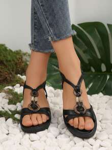 Mujer diseño artesanal abalorios punta redonda correa elástica plataforma baja estilo bohemio verano playa sandalia - Negro - Ver 2