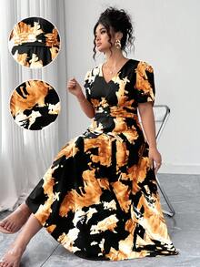Elenzga Plus Size Elegant Princess Sleeve V-Neck Pleated Dress Cheetah Print Plus Size - Black - View 3