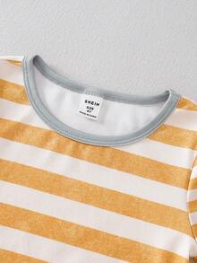 男童休闲条纹长袖上衣和打底裤睡衣套装（2件套） - 黃色 - 查看 4