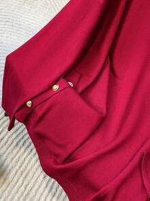 Franclia 女士简约圣诞节/万圣节休闲百搭纯色圆领套头毛衣，优雅侧边纽扣装饰长袖针织衫，适合日常通勤、秋冬季穿着。 - 酒紅色 - 查看 5
