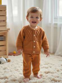 SHEIN 2pcs Baby Boys/Girls Brown Autumn Knitted Sweater & Pants Set,Modest Round Neck Long Sleeve Cable Outfit,Matching Family Casual Daily Home Clothes - Brown - View 6