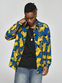 SCOOBY-DOO X SHEIN Men's Casual Dog Allover Print Button-Front Long Sleeve Shirt, Autumn - Navy Blue - View 4