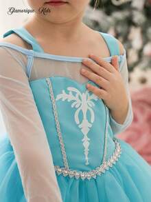 SHEIN Glamorique Kids Mädchen Prinzessin Tüllkleid, blaues Mesh Party Kleid, Geburtstags Party, Hochzeit, Festival Anlass Abendkleid, Partywear, Europäischer & Naher Osten Stil - Blau - Übersicht 5