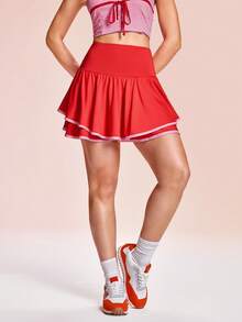 Core Rhythm 女式网球健身户外纯色双层运动短裙，带手机袋 - 紅色 - 查看 5