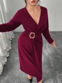 Modelyn Plus Size Women Metal Buckle Ruched Waist Crossover Neck Long Sleeve Elegant Bodycon Dress, Suitable For Commute And Party - Rose Red - View 6