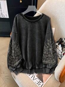 SHEIN Tall CURVE 大码休闲长袖刺绣雪花水洗宽松圆领套头卫衣，女士秋冬服装