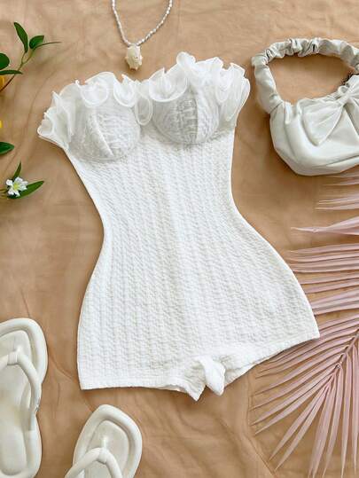 Soleia Vacation Exaggerated Ruffle Strapless Women's Party Jumpsuit, Suitable For Christmas, Dates, Nightclubs, Bohemian, Boho, Vacation, Fall Women Clothes, Vintage White