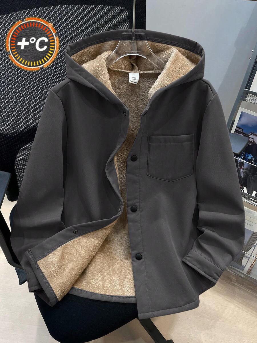 SHEIN 男童休闲韩版可爱胸贴袋保暖内衬梭织外套 - 灰色 - 查看 1