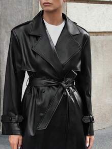 Ontre Women's Fashion PU Double-Breasted Waist Belt Trench Coat Street-Cool, High-End, Simple, Cool Motorcycle Style Workwear A Must-Have For Autumn And Winter: A High-End, Comfortable, Vintage-Style Jacket Back-To-School Season Campus Wear Club Wear Youthful Casual Style Low-Key And Durable Basic Style, All-Match And Suitable For Everyone, Street Fashion Wear, Coffee Shop Wear, Relaxed Wear All-Season Winter Clothes