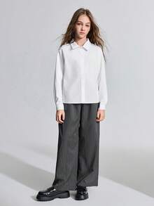 Ontre Tween Girl Striped Vest, Collared Long Sleeve Shirt, And Striped Pants Set Fall Winter - Grey - View 3