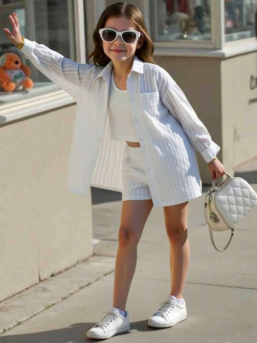 Elladie kids Conjunto informal de niña con camisa de malla de un solo pecho, camiseta de unicolor y pantalones cortos - Blanco - Ver 1