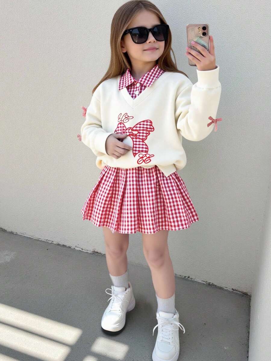 Elladie kids 2件套女婴两件套，格子领拼接长袖卫衣，饰有大蝴蝶结刺绣，格子蝴蝶结袖口，可爱迷人，搭配红白格子百褶裙，甜美活泼，非常适合小女孩。 - 杏色 - 查看 1