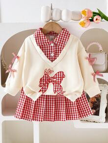 Elladie kids 2件套女婴两件套，格子领拼接长袖卫衣，饰有大蝴蝶结刺绣，格子蝴蝶结袖口，可爱迷人，搭配红白格子百褶裙，甜美活泼，非常适合小女孩。 - 杏色 - 查看 3