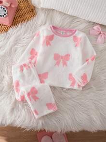 SHEIN Baby Mädchen Süß Lässig Flauschige Schleife Muster Langarm Pyjama Set