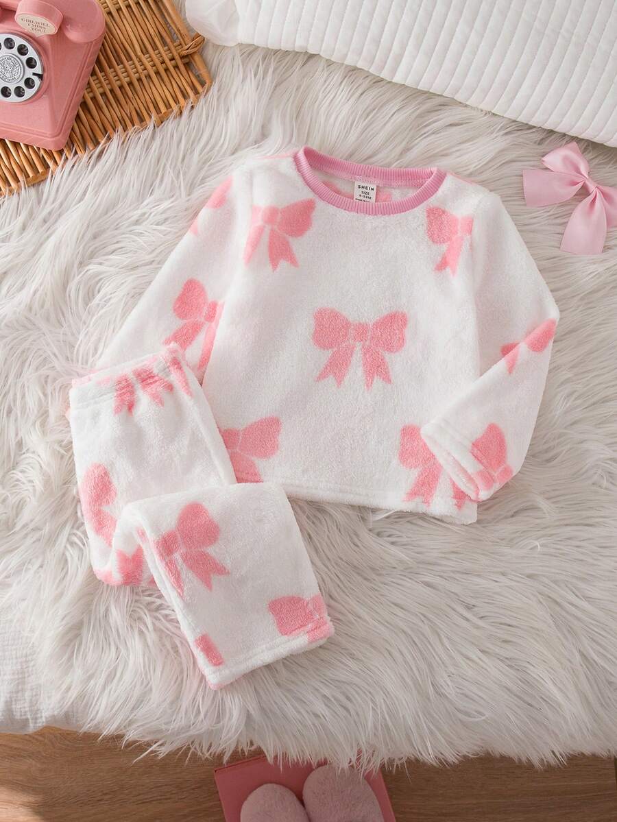 SHEIN Baby Mädchen Süß Lässig Flauschige Schleife Muster Langarm Pyjama Set