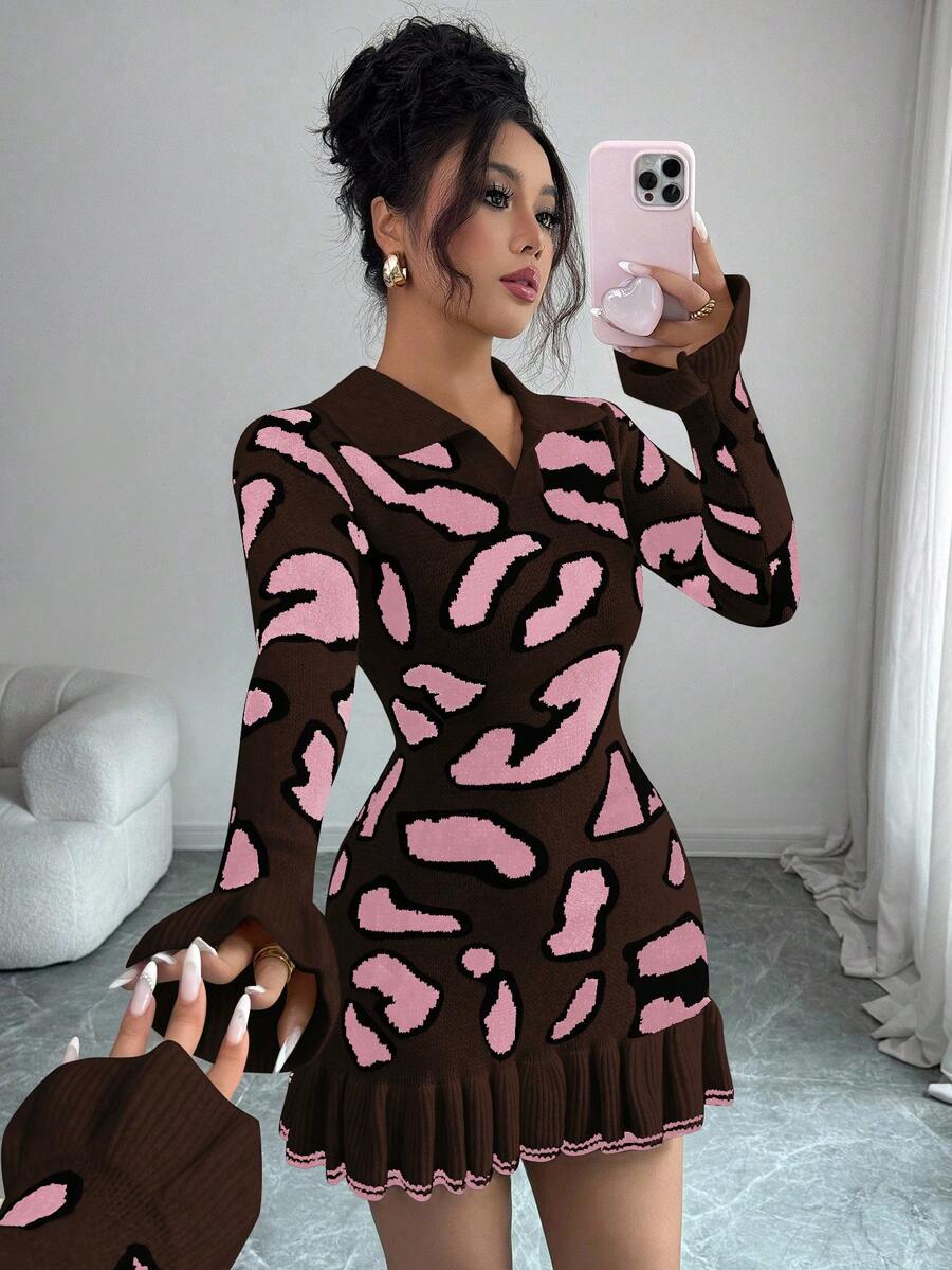 Elenzga 秋冬季时尚豹纹荷叶边下摆修身设计女式毛衣连衣裙 - 咖啡棕 - 查看 1