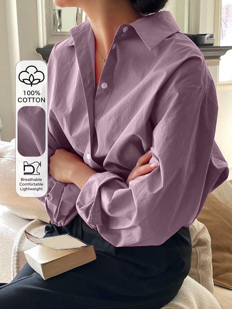 Women's 100% Cotton Casual Loose Drop Shoulder Solid Color Long Sleeve Shirt, Minimalist Daily Wear