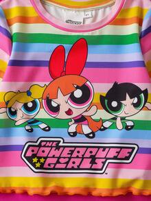 THE POWERPUFF GIRLS X SHEIN 小女孩可爱卡通花朵、泡泡、毛茛图案彩色条纹圆领长袖针织T恤 - 彩色 - 查看 6