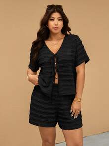 Elaquor Plus Size Vacation Casual Solid Color Tie Front Top And Shorts 2 Pieces Set