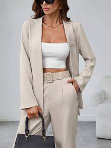 EMERY ROSE Damen Anzug-Set mit langärmeliger, offener Blazer Einfarbig und Falten-Taschen-Hose, elegantes Business-Outfit für Frühling Herbst, Beige - Aprikosenfarben - Übersicht 7