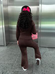 SHEIN Young Girl 2pcs Set Stand Collar Zipper Solid Color Long Sleeve Top And Long Pants,Pint,Great For Casual & Daily Wear & School Daily In Summer & Autumn - Brown - View 5