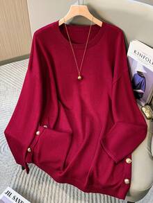 Franclia 女士简约圣诞节/万圣节休闲百搭纯色圆领套头毛衣，优雅侧边纽扣装饰长袖针织衫，适合日常通勤、秋冬季穿着。 - 酒紅色 - 查看 8