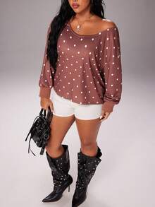 Rustia Plus Size Women's Polka Dot Sweatshirt, Brown, Casual & Comfortable Pullover Sweatshirt For Autumn/Winter Casual - Brown - View 1