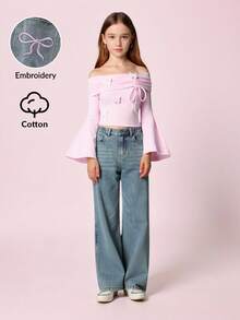 SHEIN Explorewe Jeans a gamba dritta per ragazze pre-adolescenti, denim blu vintage vintage, estetica Y2K, casual all'aperto dolce e alla moda, in comodo cotone, decorati con ricamo a farfalla, vita elastica, versatili per scuola, feste, viaggi, autunno - Blu lavato medio - Visualizzare 3