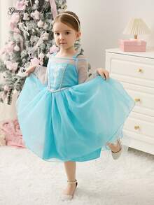 SHEIN Glamorique Kids Mädchen Prinzessin Tüllkleid, blaues Mesh Party Kleid, Geburtstags Party, Hochzeit, Festival Anlass Abendkleid, Partywear, Europäischer & Naher Osten Stil - Blau - Übersicht 1